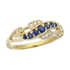 Anello con zaffiro blu naturale e diamanti in stile vintage in oro massiccio 9 carati