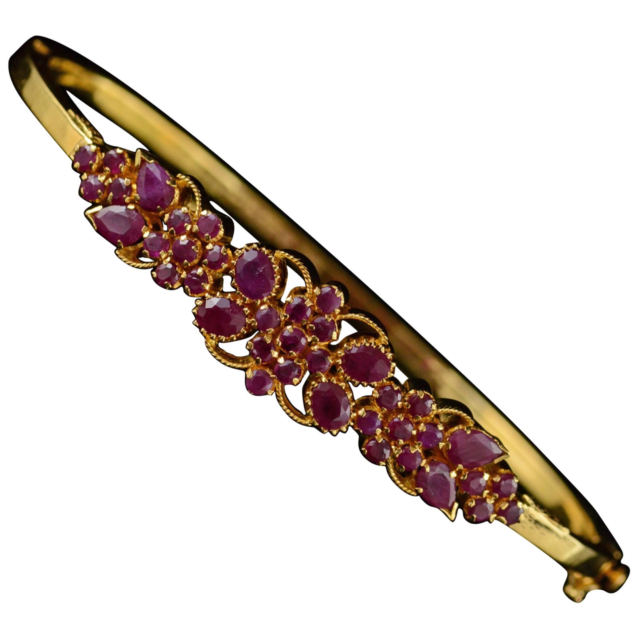 Ruby Gold Filigree Cluster Bangle Bracelet