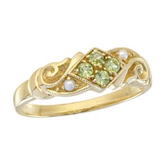 Natural Peridot Cluster and Pearl Vintage Style Ring in Solid 9K Yellow Gold