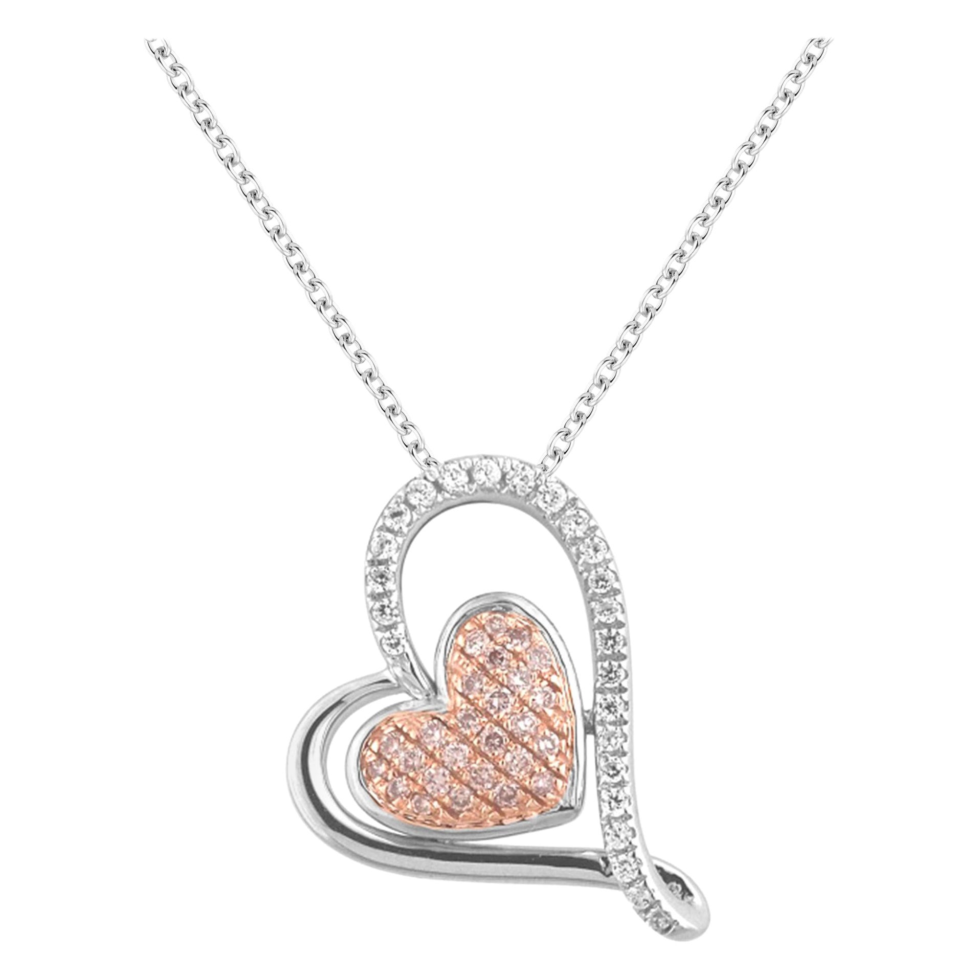 TJD 0.25Carat Nat. Pink Rosé & White Diamond 18K White Gold Double Heart Pendant
