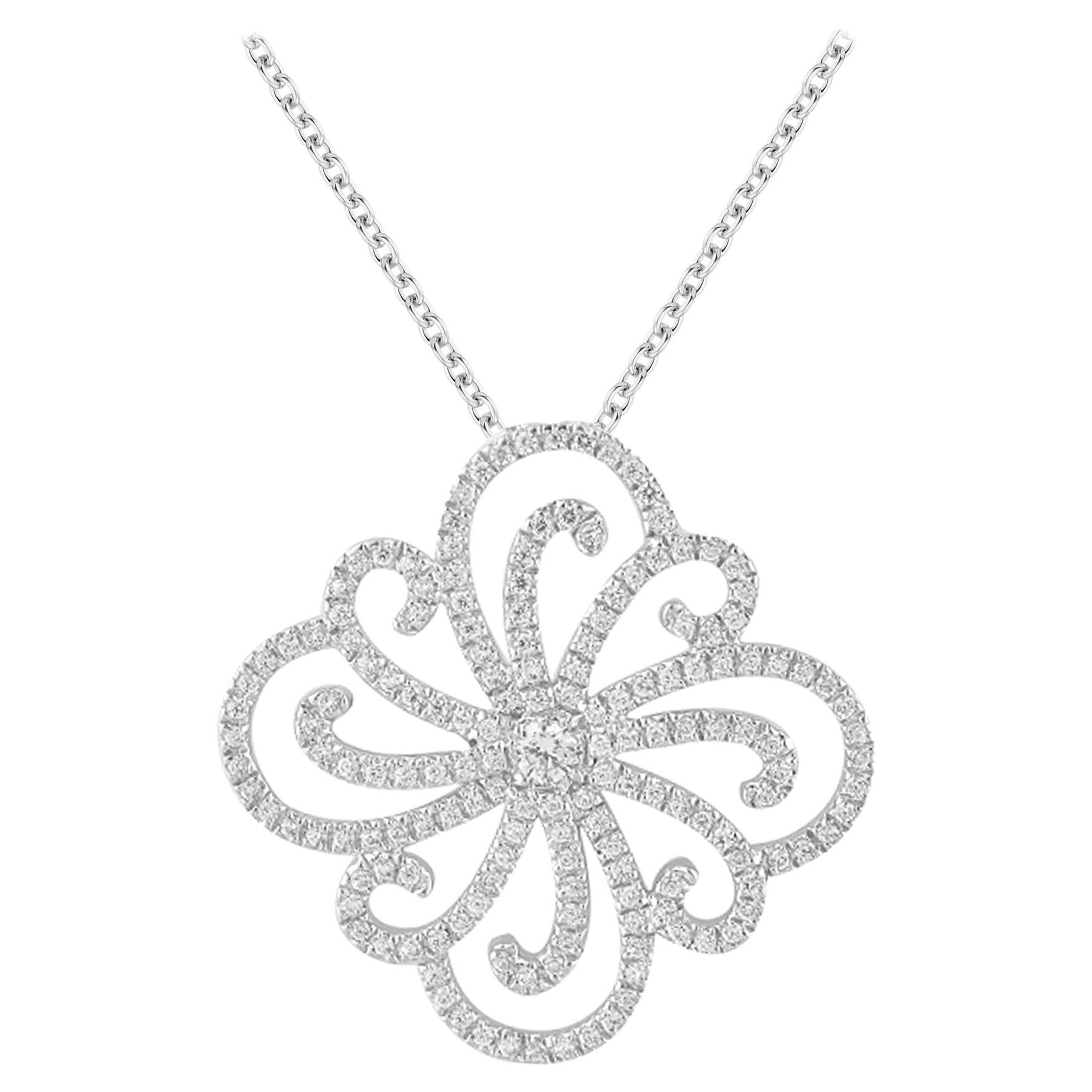 TJD 0.66 Carat Round Diamond 18 Karat White Gold Designer Floral Diamond Pendant