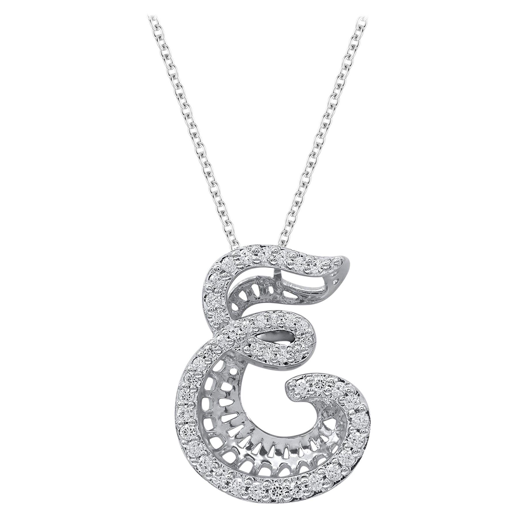 TJD 0.25 Carat Diamond 18 Karat White Gold E Initial 3D Alphabet Charm Pendant For Sale