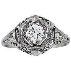 Antique Engagement Ring .50 Carat. Diamond & 18K White Gold Art Deco
