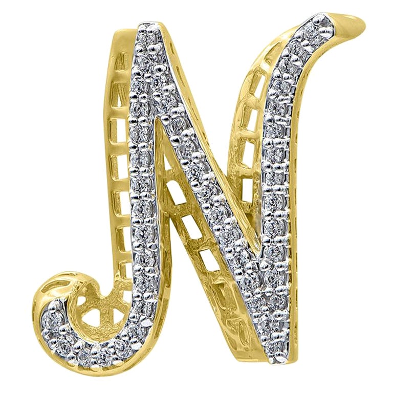 TJD 0.25 Carat Diamond 18 Karat Yellow Gold N Initial 3D Alphabet Charm Pendant