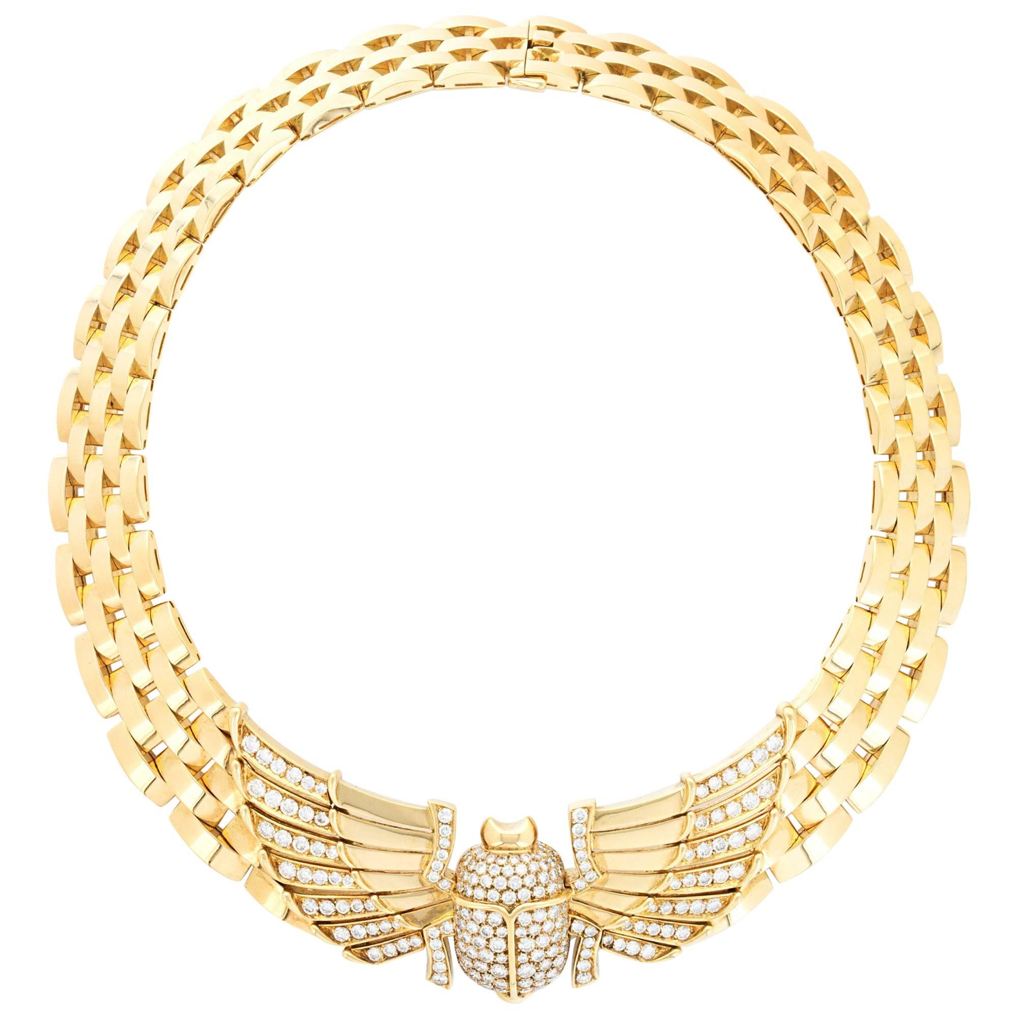 Cartier Egyptian Revival Diamond Gold Scarab Necklace