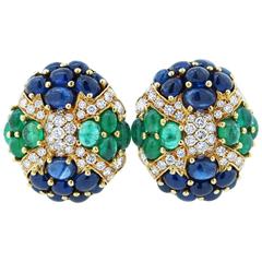  Lucious Giovane Italy Cabochon Sapphire Emerald and Diamond Earrings