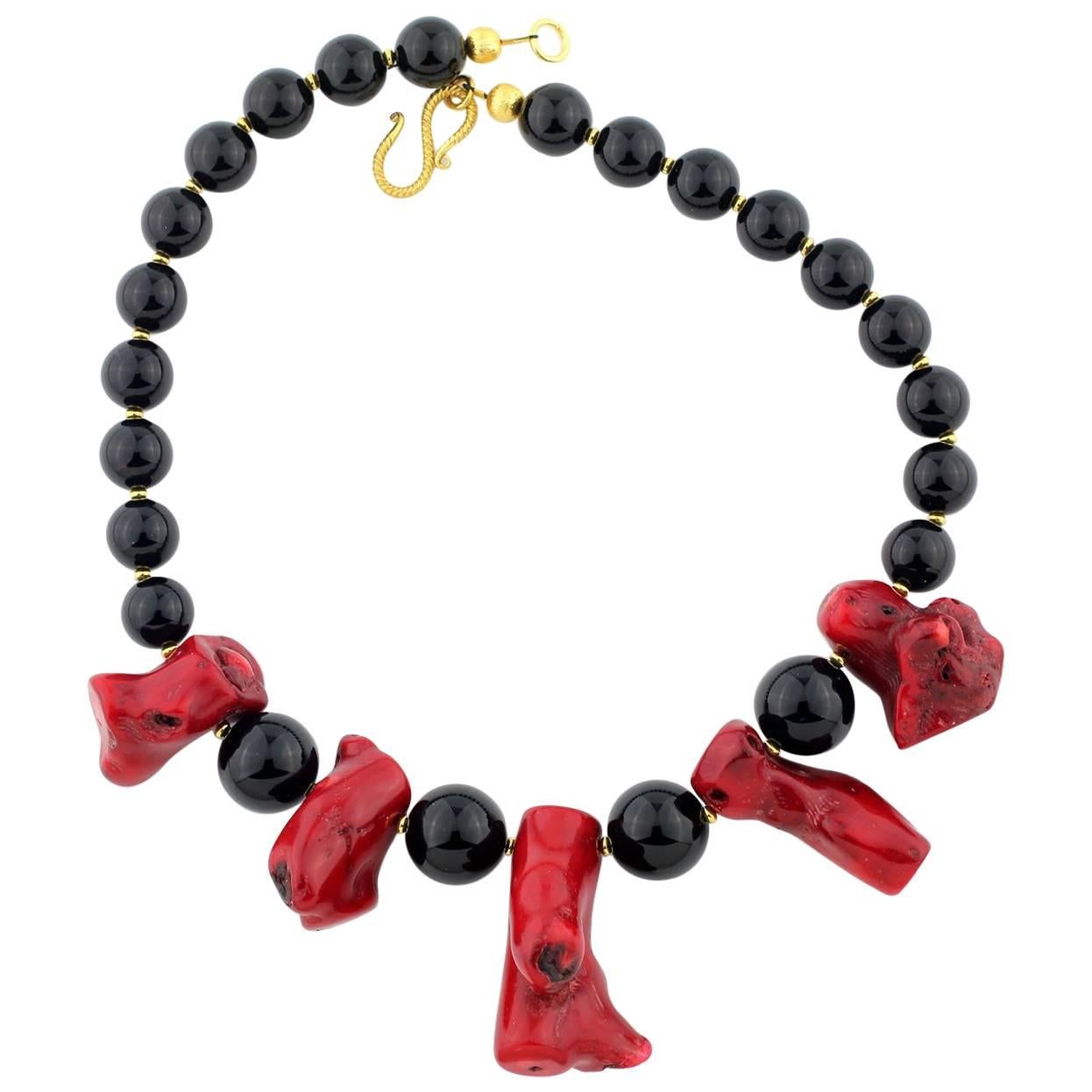 AJD Elegant Artistic Handmade Red Bamboo Coral & Black Onyx Necklace For Sale