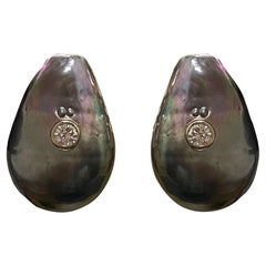 Unique 14k White Gold Grey Pearl Earrings with Diamond Center
