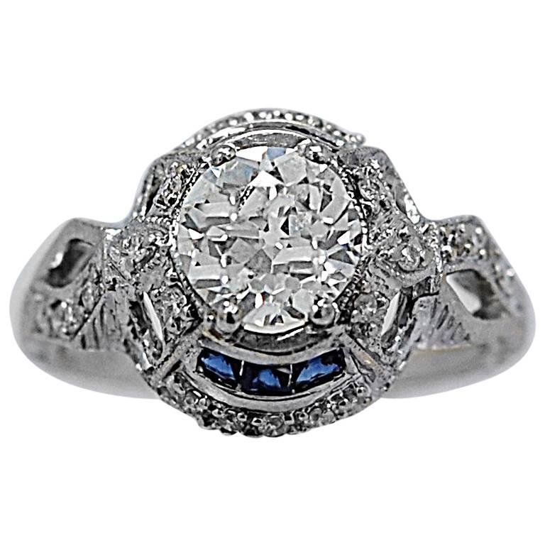 1920s Art Deco .95 carat Diamond Sapphire Gold Engagement Ring For Sale