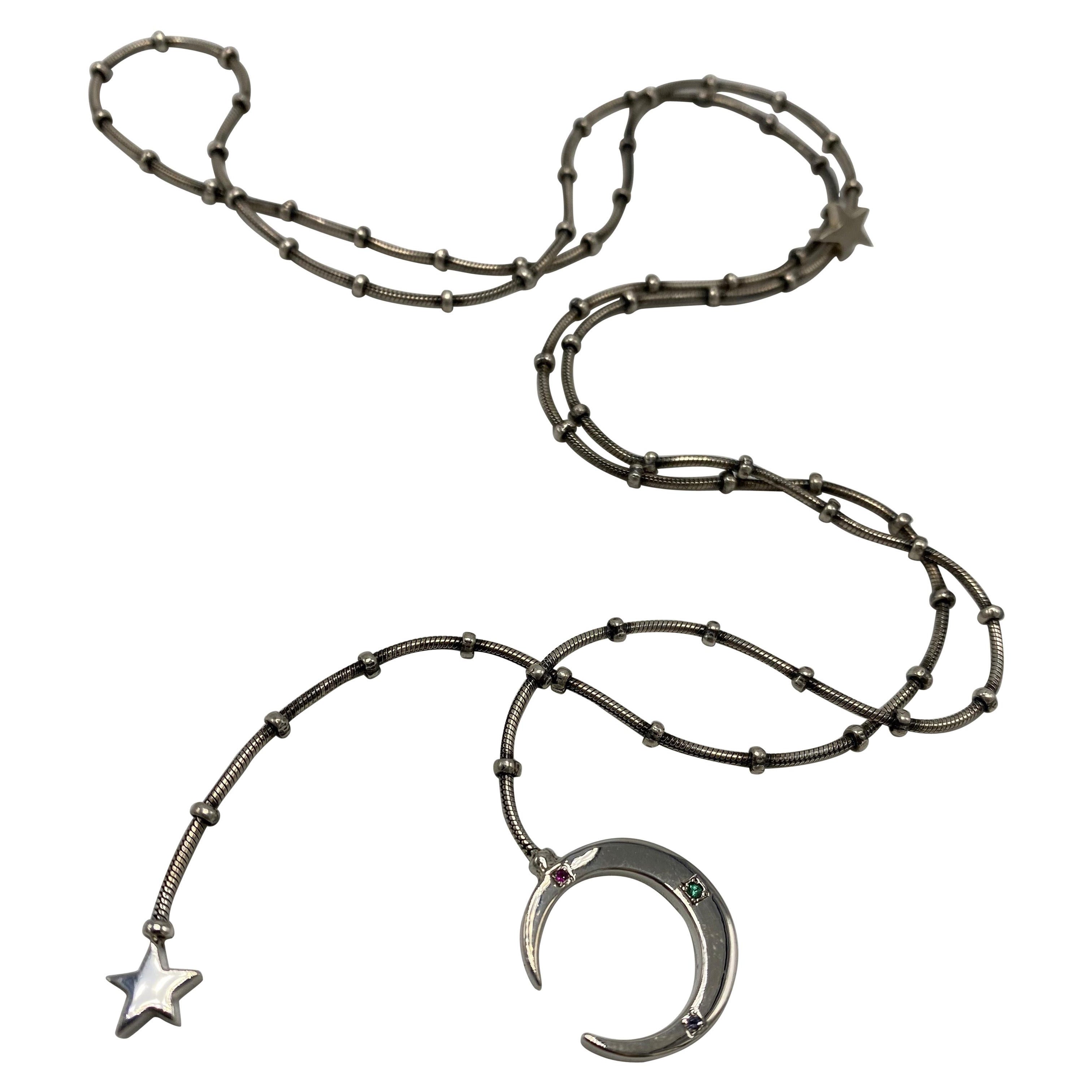 Moon Star Necklace Silver Chain Green Garnet Ruby Tanzanite Crescent