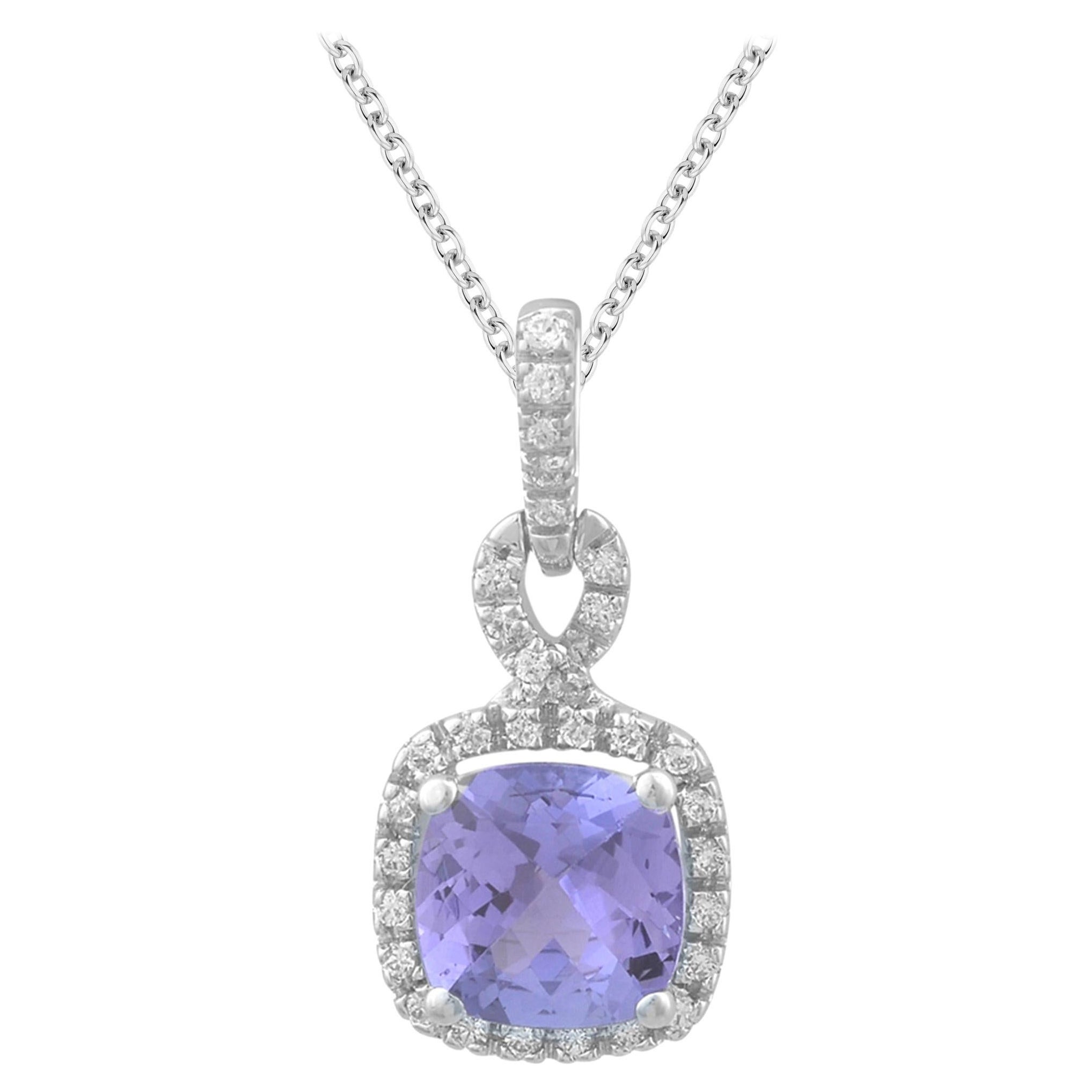 TJD 0.12 CTW Diamond & 6X6MM Cushion Cut Tanzanite 14 K White Gold Halo Pendant
