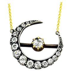 Antique Old European Cut Diamond silver topped gold Crescent Necklace 6