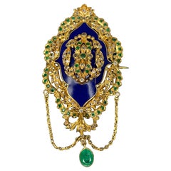 Late Victorian Enameled 14k Gold Brooch With Emerald and Diamond