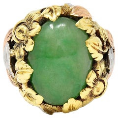 Arts & Crafts Jade Platinum 18 Karat Two-Tone Gold Antique Rose Signet Ring GIA