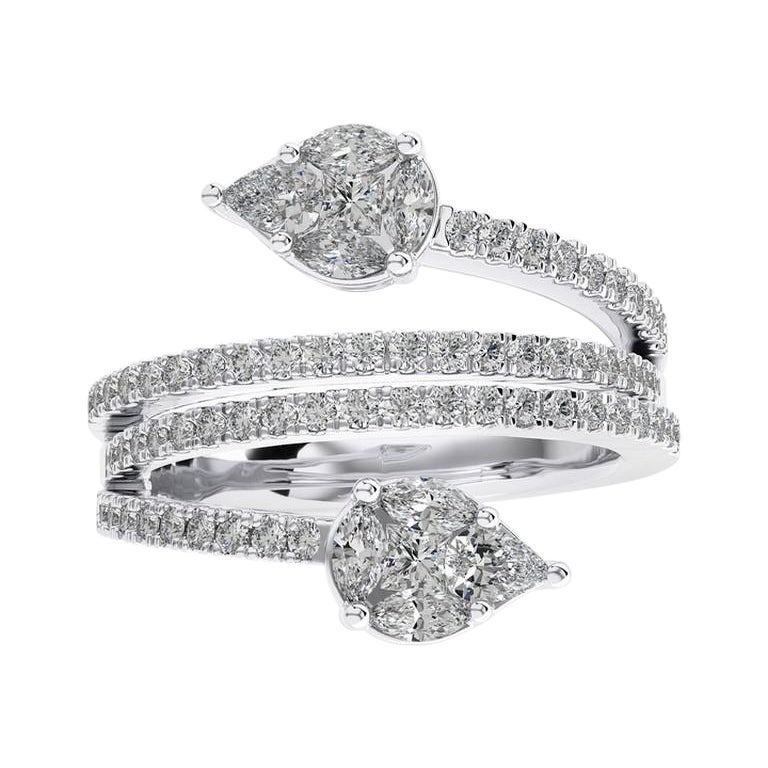 1 CTW Round Diamond 14k White gold Dual leaf Classic collection bypass ring