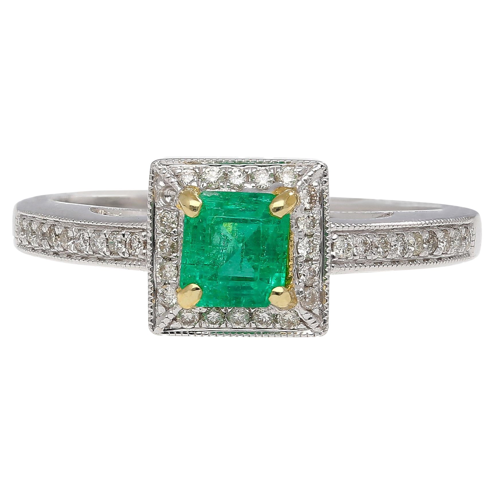 0.61 Carat Emerald & Diamond Square Shape Ring in 14K White Gold Size 6.5 For Sale