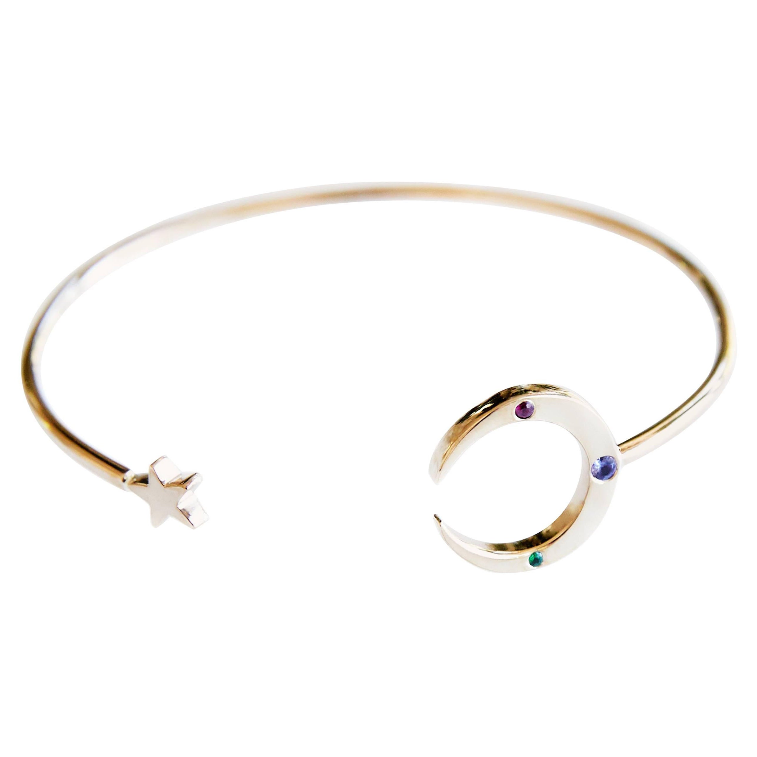 Emerald Ruby Tanzanite Crescent Moon Star Bracelet Bangle Bronze J Dauphin