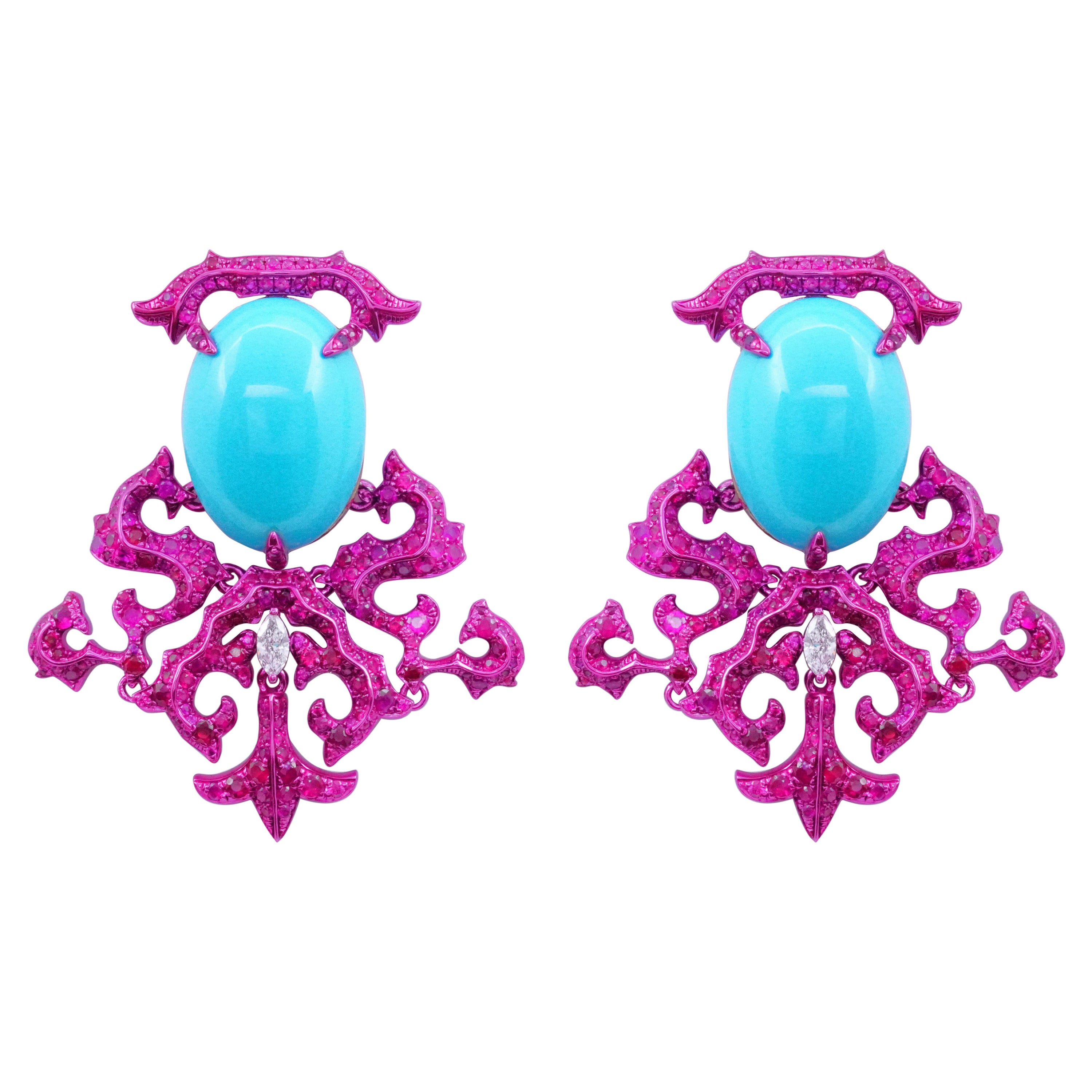 Natural Turquoise & Ruby & Diamond Earrings, 18K Gold, Austy Lee