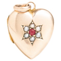 Victorian 9ct Gold Ruby And Pearl Heart Locket