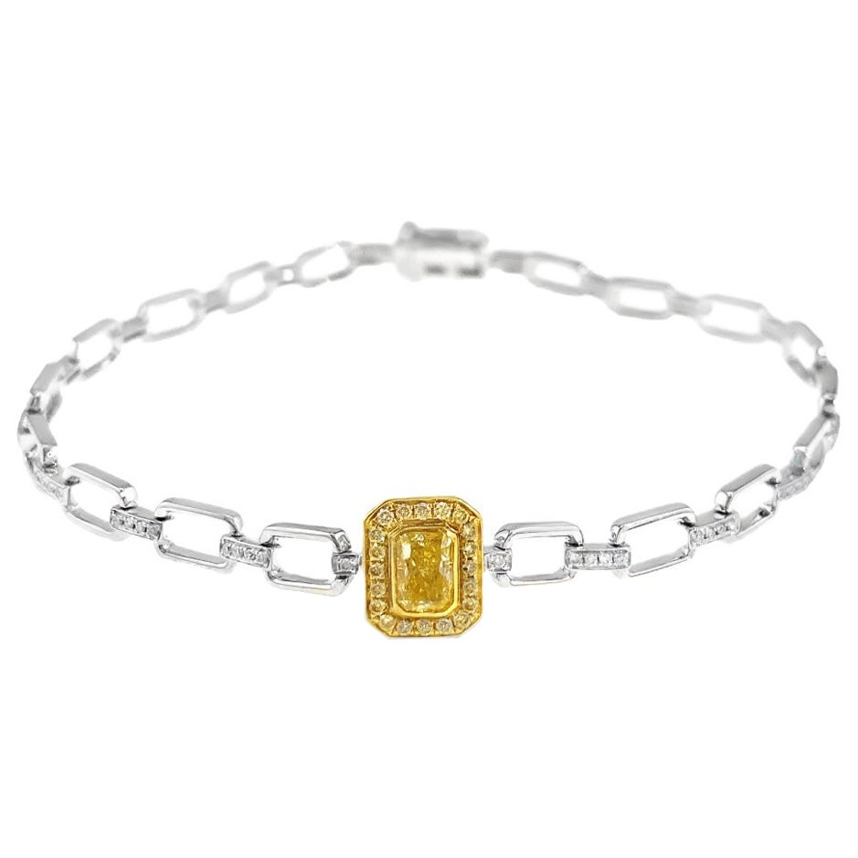 18K White Gold Yellow Diamond Cuban Chain Bracelet with Diamonds