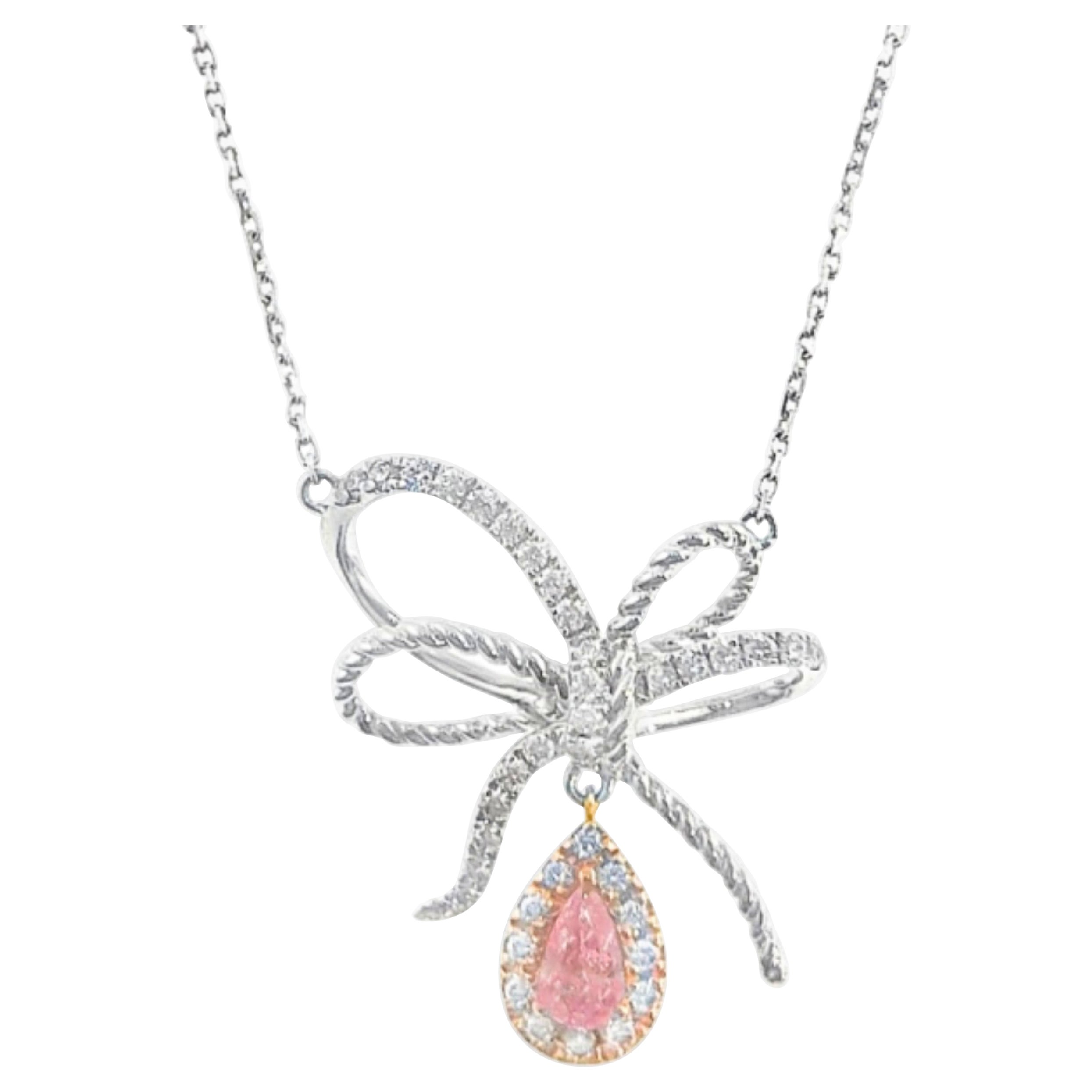 18K White Gold Fancy Pink Diamond Daily Bow Design Necklace with Diamonds For Sale