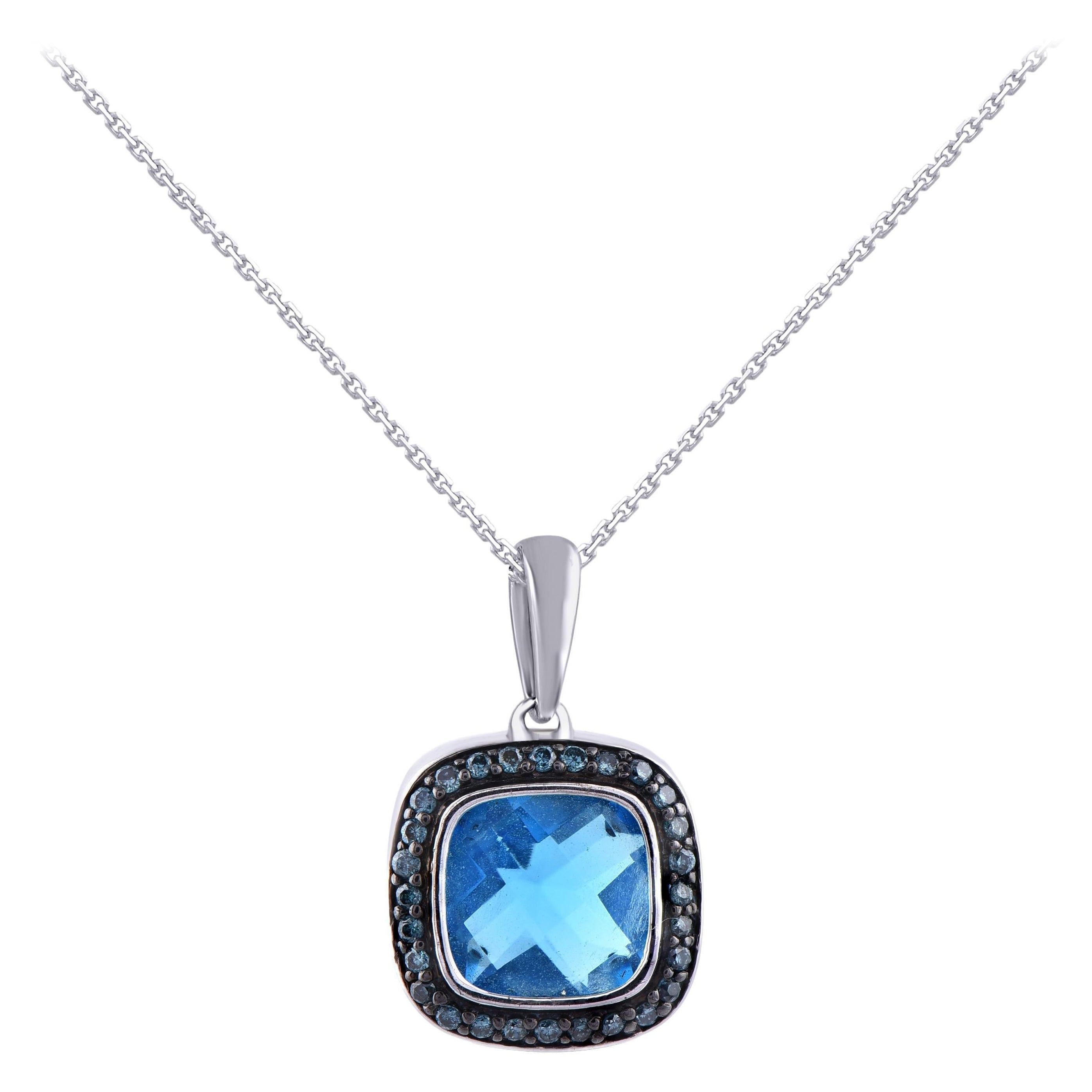 TJD 0.11 Ct Round diamond & 8 X 8 MM Nat Swiss Blue Topaz 14K White Gold Pendant