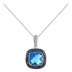 TJD 0.11 Ct Round diamond & 8 X 8 MM Nat Swiss Blue Topaz 14K White Gold Pendant