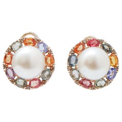 13 Mm South-Sea Pearls, Multicolor Sapphires, Diamonds, 14 Kt Rose Gold Earrings