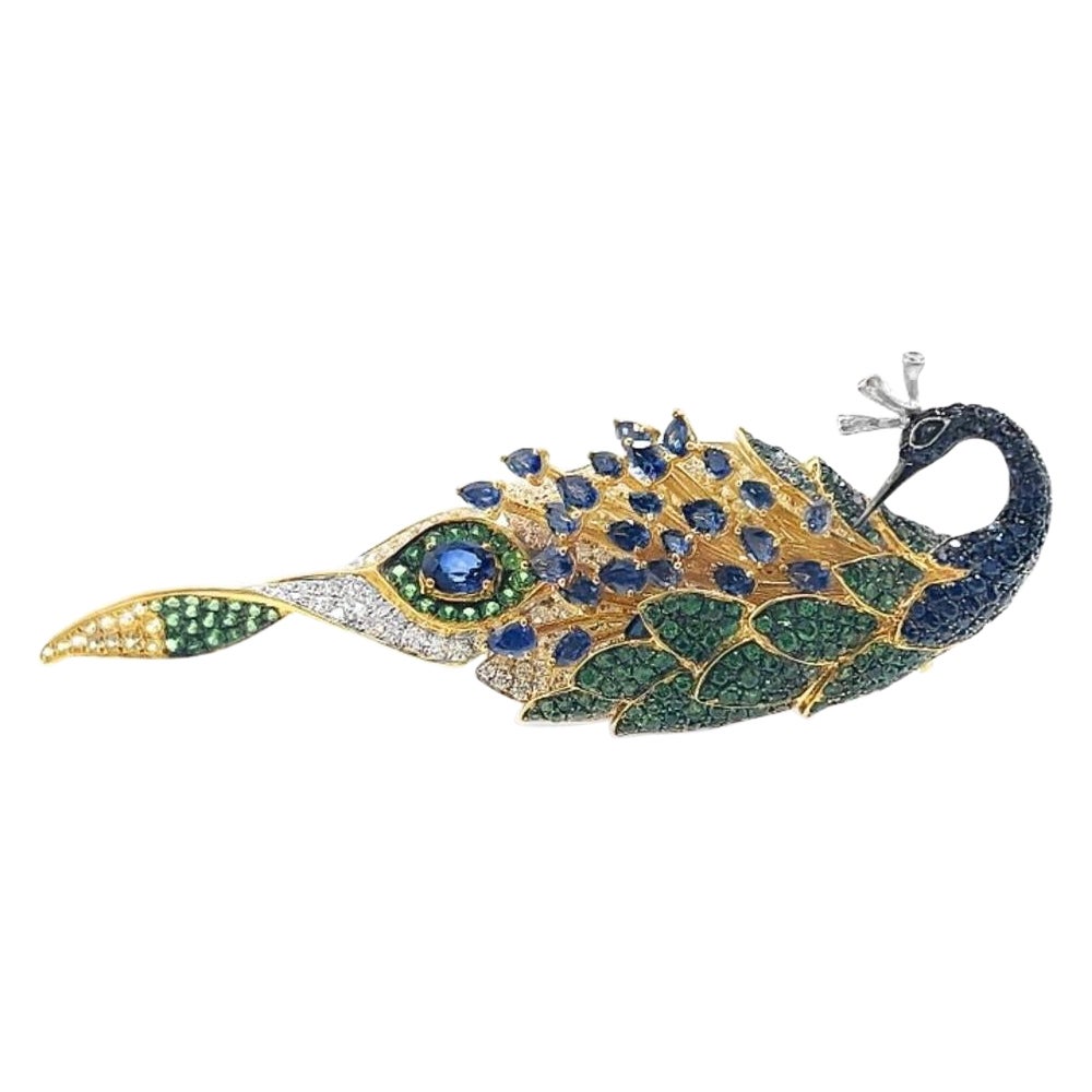 18K Gold Unheated Sapphire & Green Garnet Peacock Brooch & Pendant with Diamonds