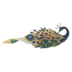 18K Gold Unerhitzter Saphir & Grüner Granat Pfau Brosche & Anhänger mit Diamanten