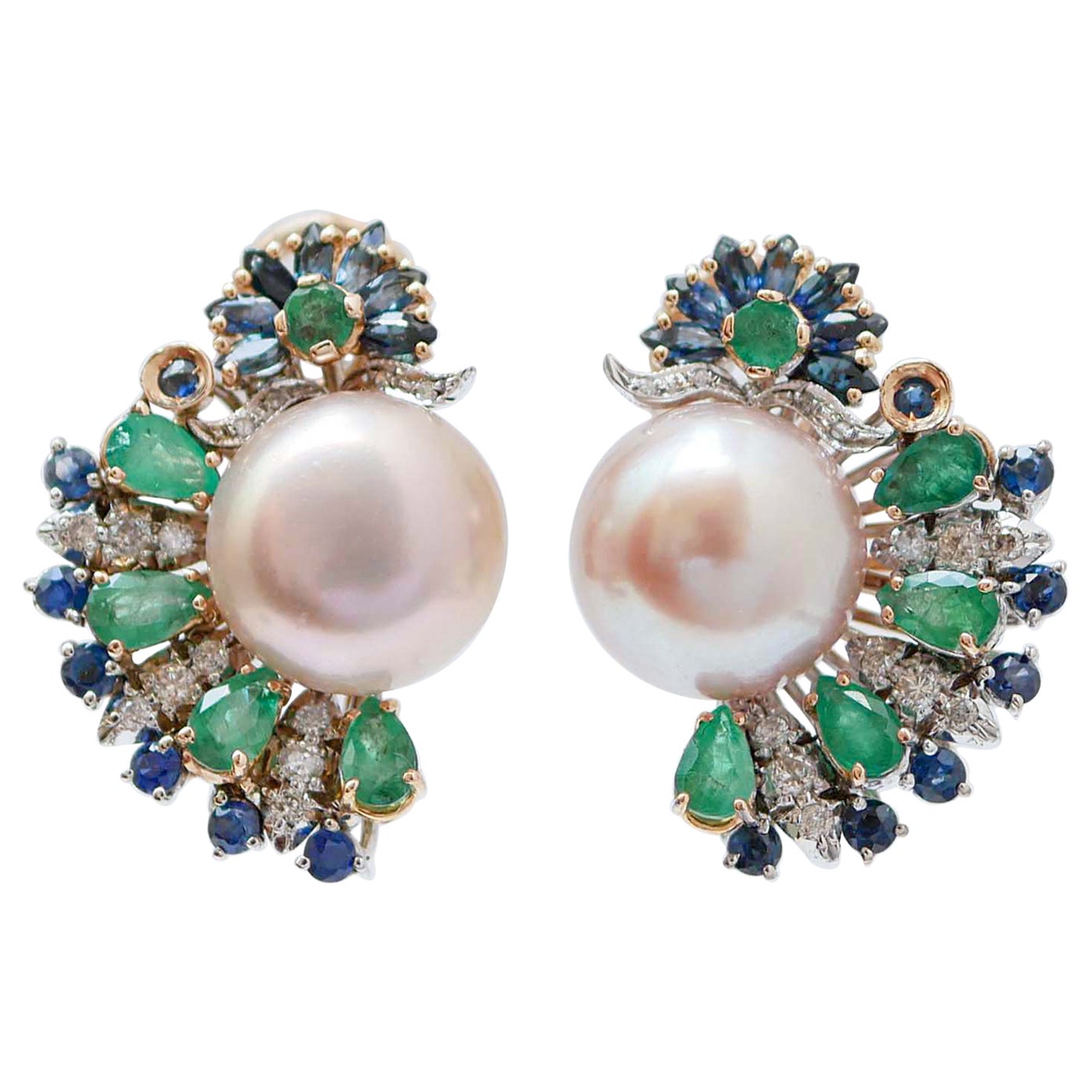 12 Mm Pearls, Sapphires, Emeralds, Diamonds, 14 Karat Rose Gold Earrings.