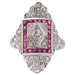 0.28 Ct Central Diamond, Rubies, Diamonds, Platinum Ring.