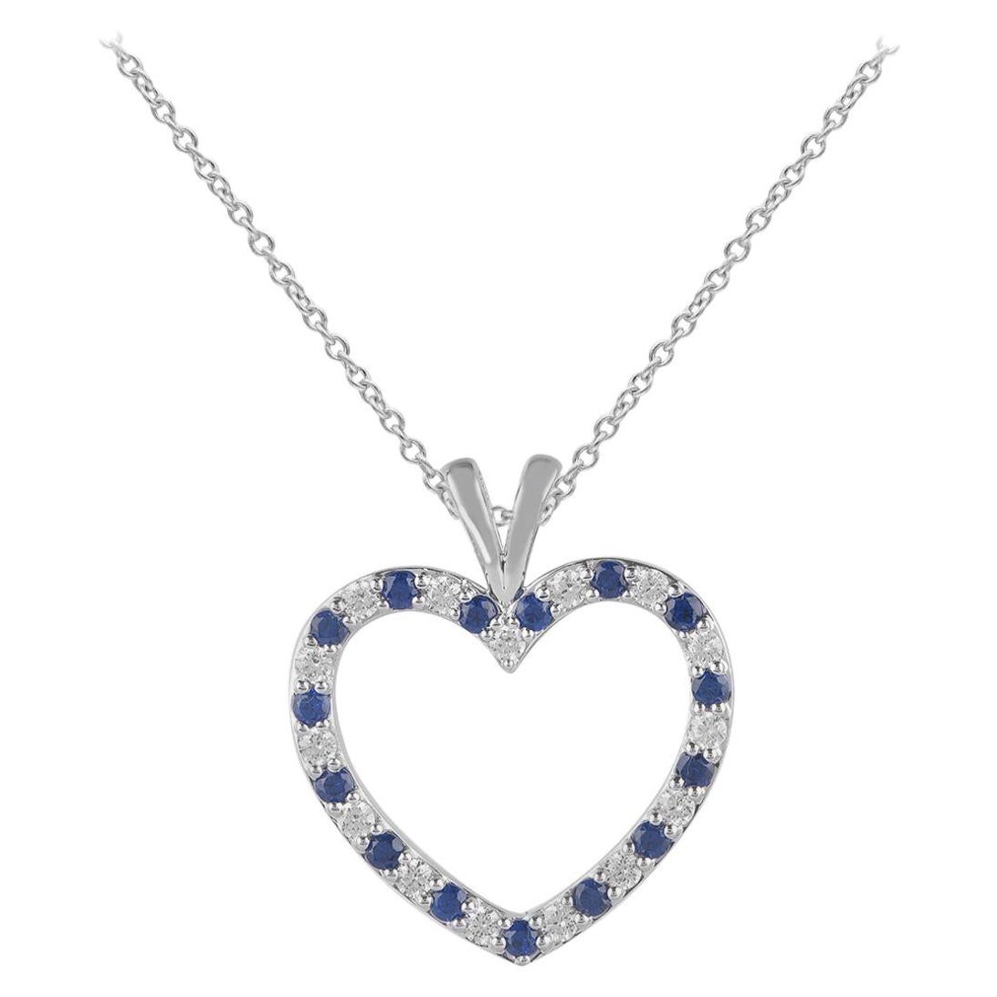 TJD 0.50 Carat Nat. Blue Sapphire and Round Diamond 14K White Gold Heart Pendant For Sale