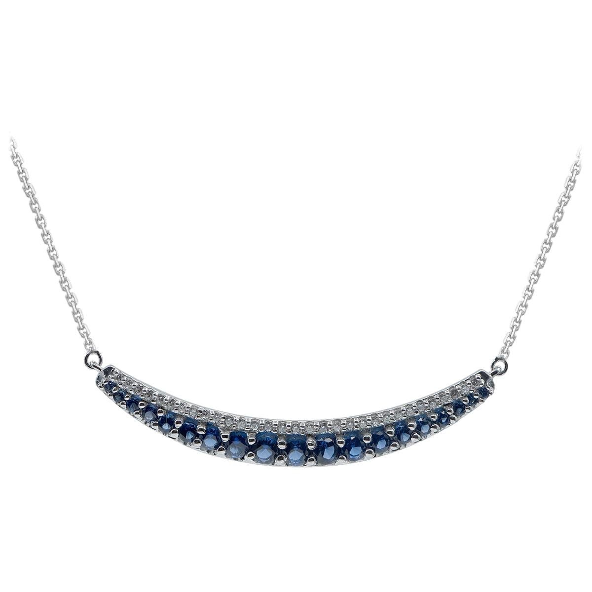 TJD 0.25 Carat Natural Blue Sapphire & Round 14K White Gold Curved Bar Pendant