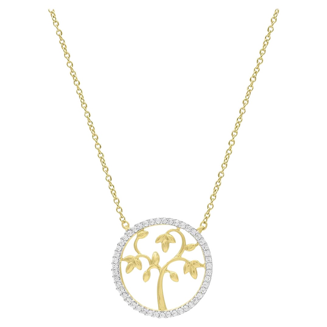 TJD 0.12 Carat Round Diamond 14 Karat Yellow Gold Designer Tree of Life Necklace