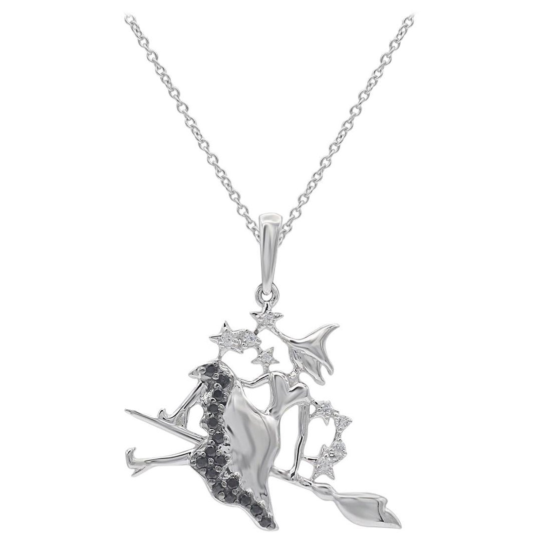 TJD 0,10 carati di diamante bianco/nero in oro bianco 14K Ciondolo con strega su un manico di scopa