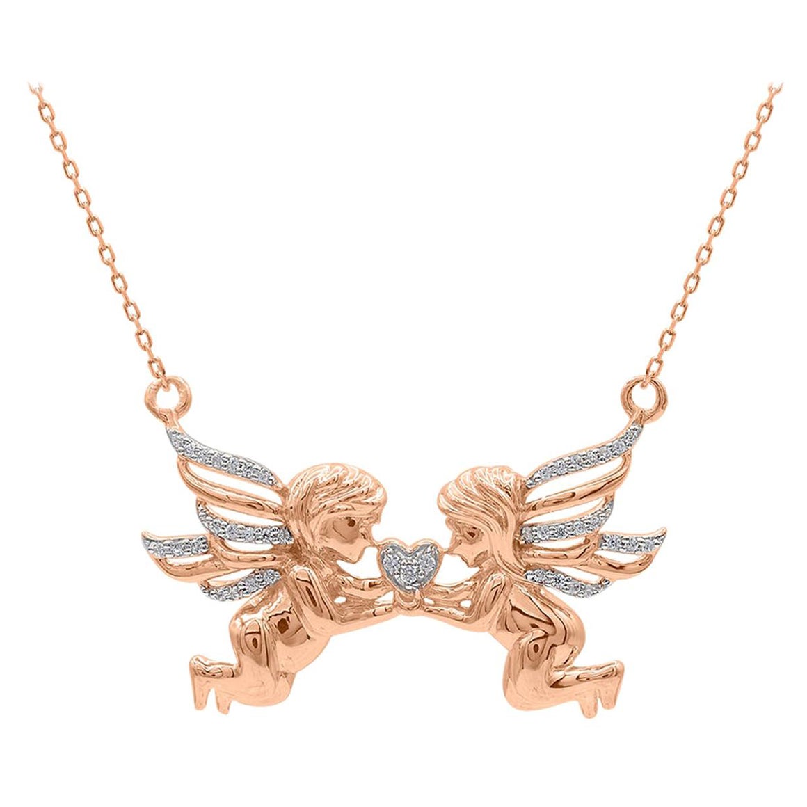 TJD 0,08Carat Round Diamond 14K Rose Gold Designer Two Cupid Angel Heart Pendant