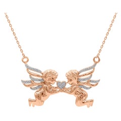TJD 0.08Carat Round Diamond 14K Rose Gold Designer Two Cupid Angel Heart Pendant