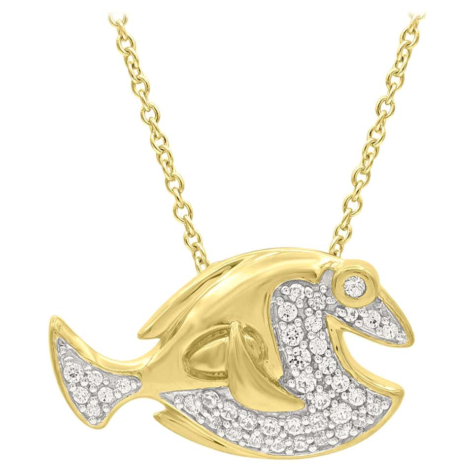 Diamond Fish Chain 0.64 Carat Natural Diamond Fish Pendant Necklace 14 Karat White Gold ...