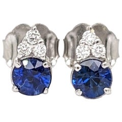 Blue Sapphire Stud Earrings w Earth Mined Diamonds in Solid 14K Gold Round 3.5mm