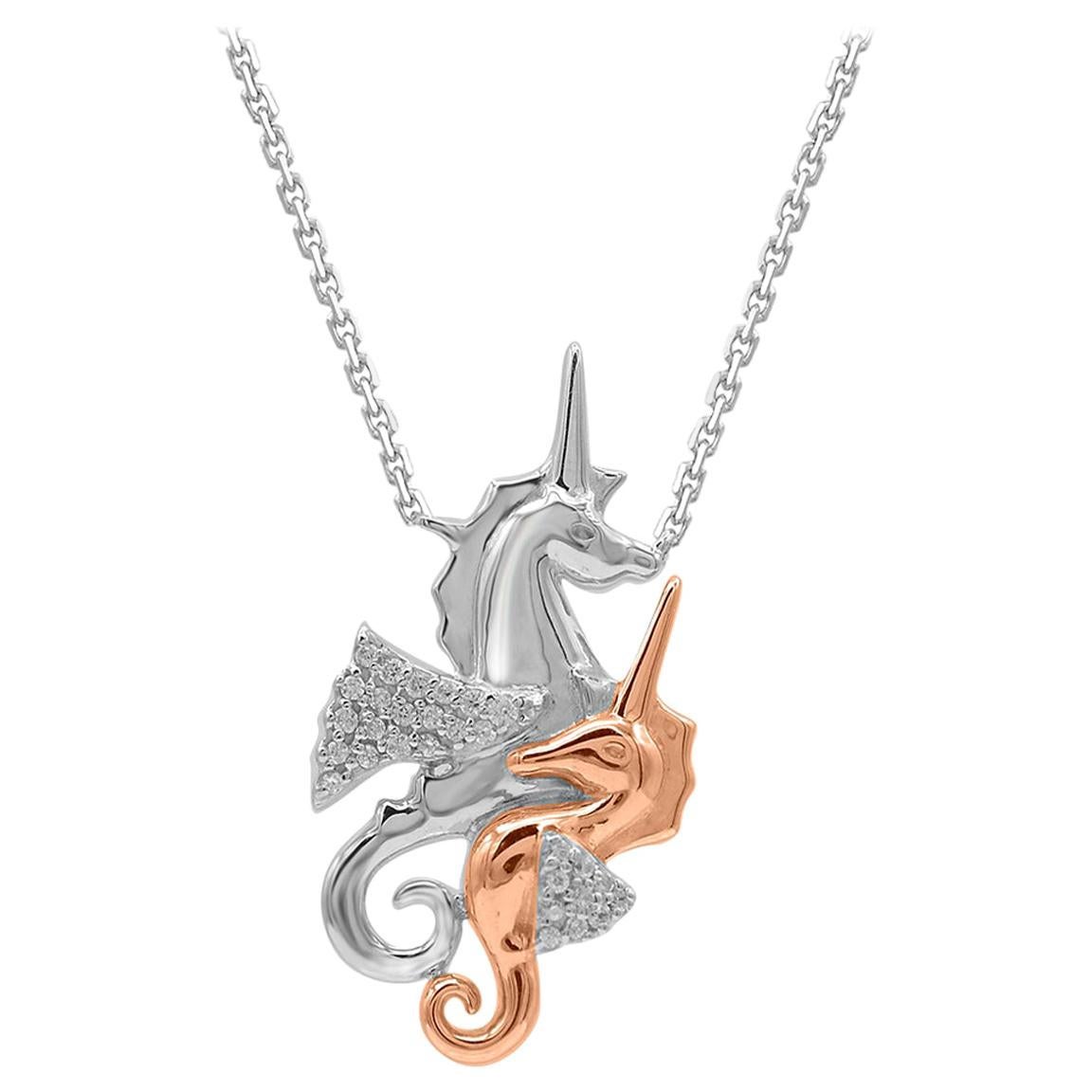 TJD 0.06Carat Round Diamond 14 Karat Two Toned Gold Ciondolo Mamma e Bambino Unicorno