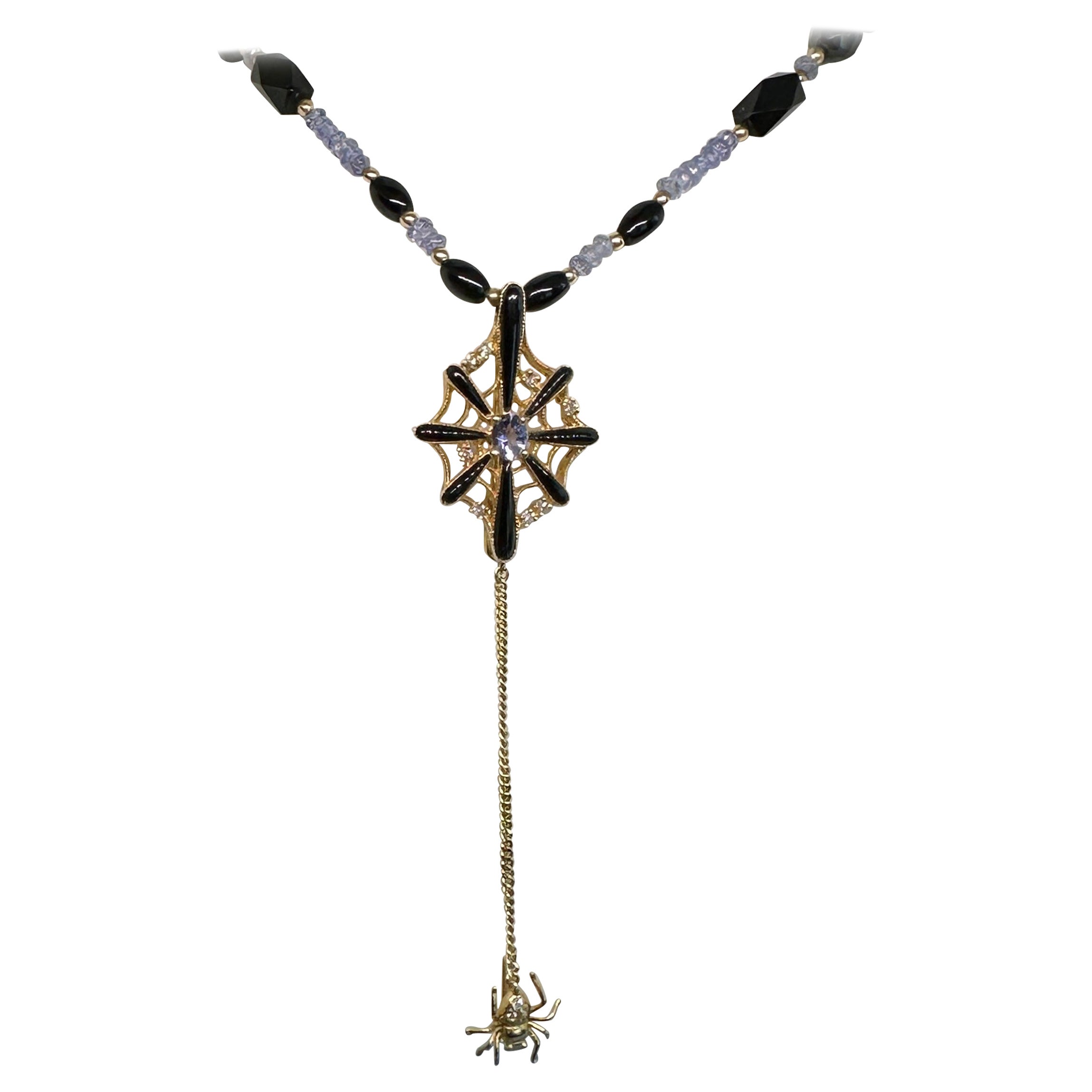 Spider Web Necklace Diamond Rose de France Amethyst 18 Karat Gold Enamel Onyx