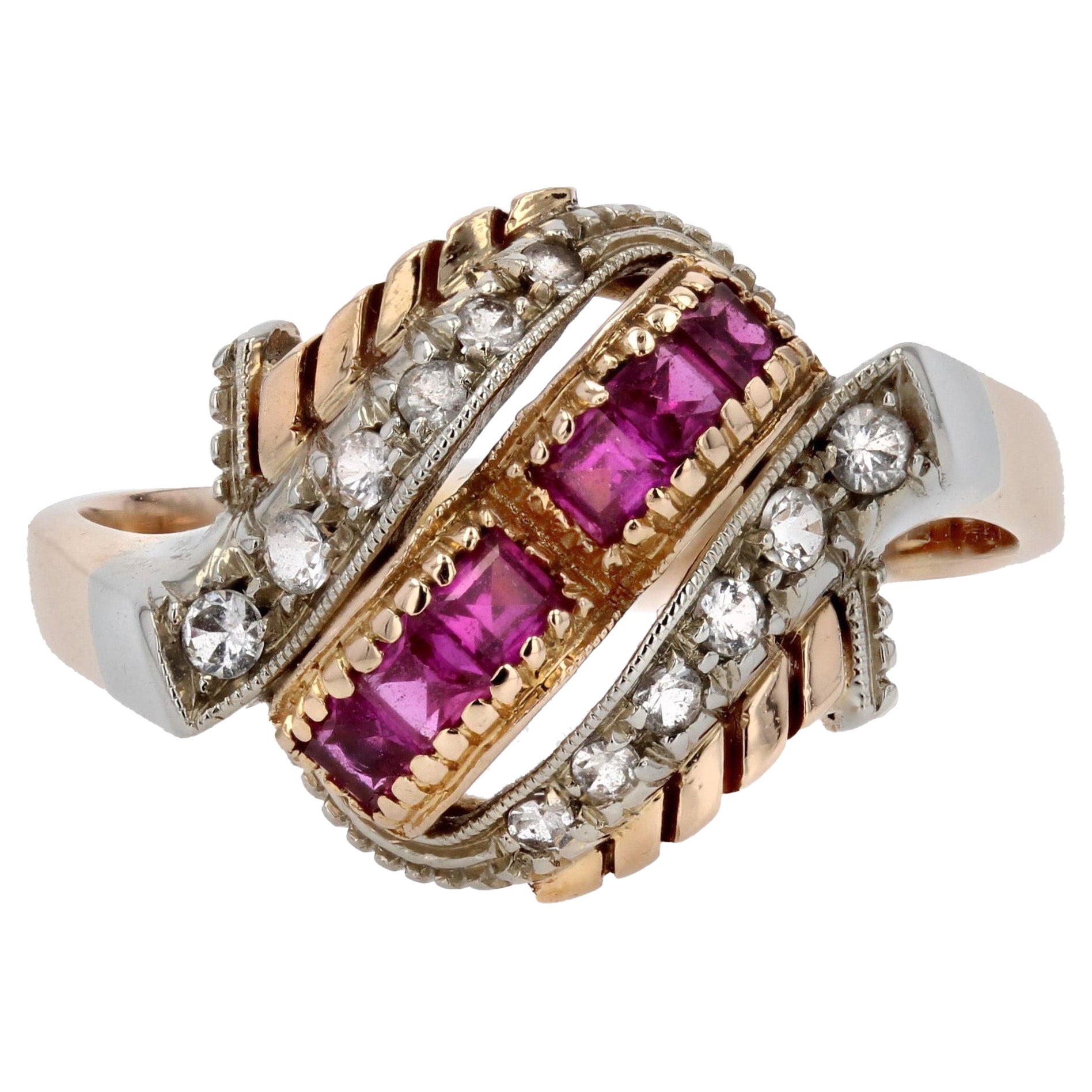 1950s Retro Red Gems White Stones 18 Karat Rose Gold Domed Ring
