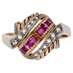 1950s Retro Red Gems White Stones 18 Karat Rose Gold Domed Ring
