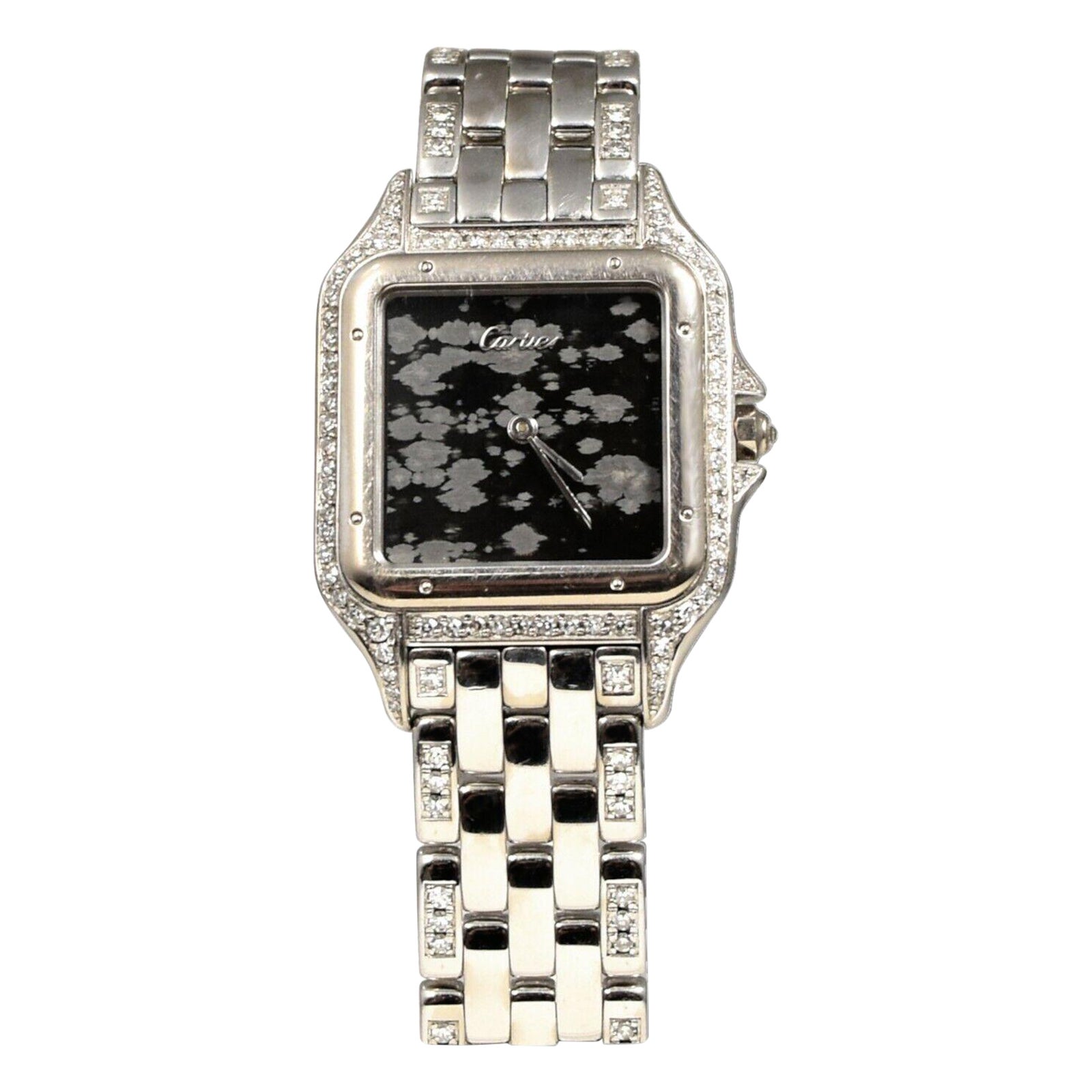 Cartier Panthere Schneeflocken-Uhr aus 18 Karat Weißgold mit Obsidian-Zifferblatt und Diamanten (Y-94)