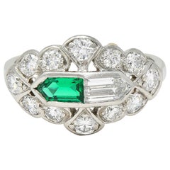 Birks Art Deco 1.20 CTW Emerald Diamond Platinum Cluster Vintage Dinner Ring