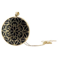 10k Filigree ONYX Pendant Medallion Necklace. 10k Gold Onyx Disk Floral