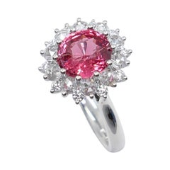 Crazy Color! Natural 7mm Neon Orangey Pink Spinel & Rose Cut Diamond Ring.