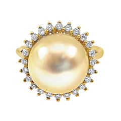 18K Gelbgold Classic 11mm goldener Südseeperlenring mit Diamanten