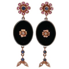 Onyx, Sapphires, Rubies, Diamonds, Rose Gold and Silver Earrings.